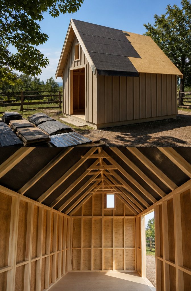 A Frame Shed Roof: Pitch, Rafters, Sheathing and Material 5 Roll of roofing felt laid out on the A-frame shed roof.