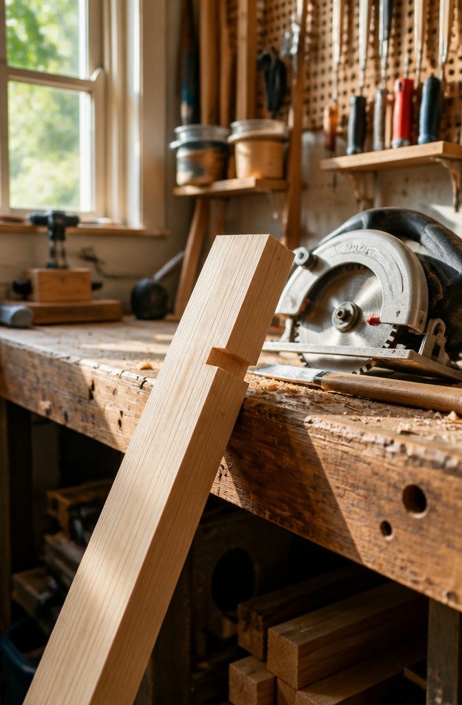 A Frame Shed Roof: Pitch, Rafters, Sheathing and Material 2 Close-up of a cut 2x4 rafter with notches on a workbench.