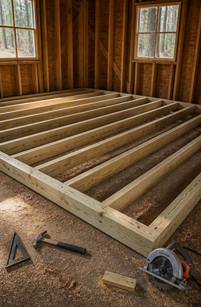 A Frame Shed Roof: Pitch, Rafters, Sheathing and Material 11 Floor frame of an A-frame shed with visible joists and runners.