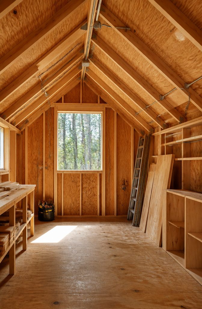 A Frame Shed Roof: Pitch, Rafters, Sheathing and Material 10 Interior view of an A-frame shed with future electrical fittings.