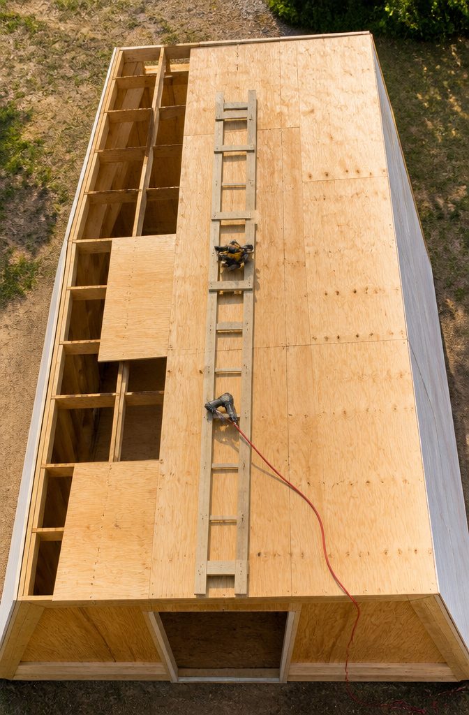 A Frame Shed Roof: Pitch, Rafters, Sheathing and Material 4 Plywood sheets being laid on the rafters of an A-frame roof.