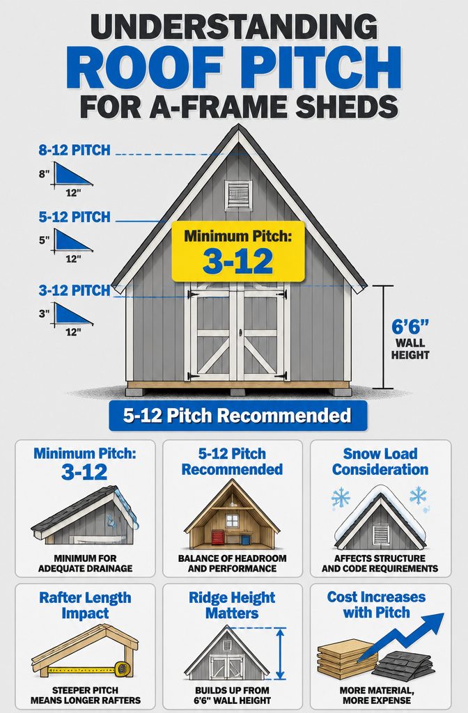 A Frame Shed Roof: Pitch, Rafters, Sheathing and Material 1 Information image illustrating roof pitch for A-frame sheds.