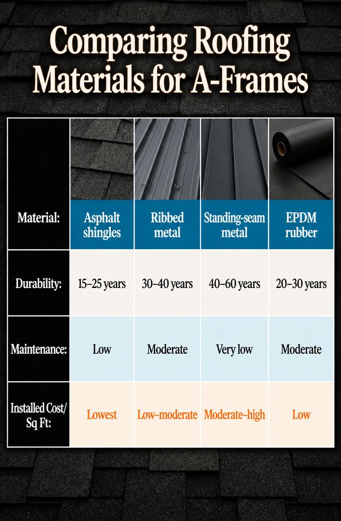 A Frame Shed Roof: Pitch, Rafters, Sheathing and Material 8 Chart comparing asphalt shingles and metal roofing materials.