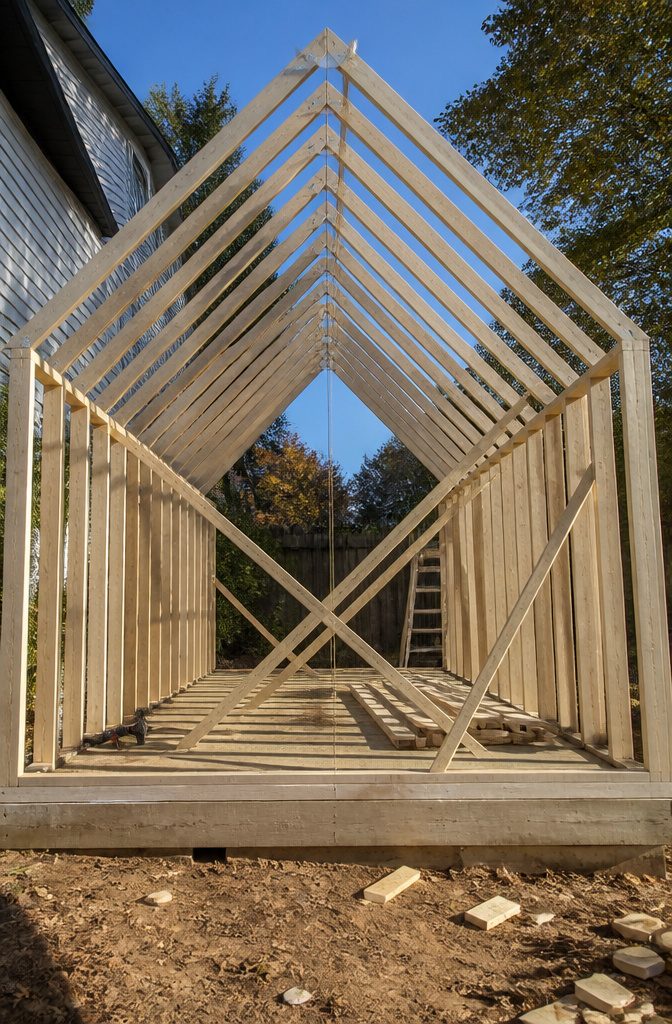 A Frame Shed Roof: Pitch, Rafters, Sheathing and Material 3 Two by fours aligned on a wall plate for setting rafters.
