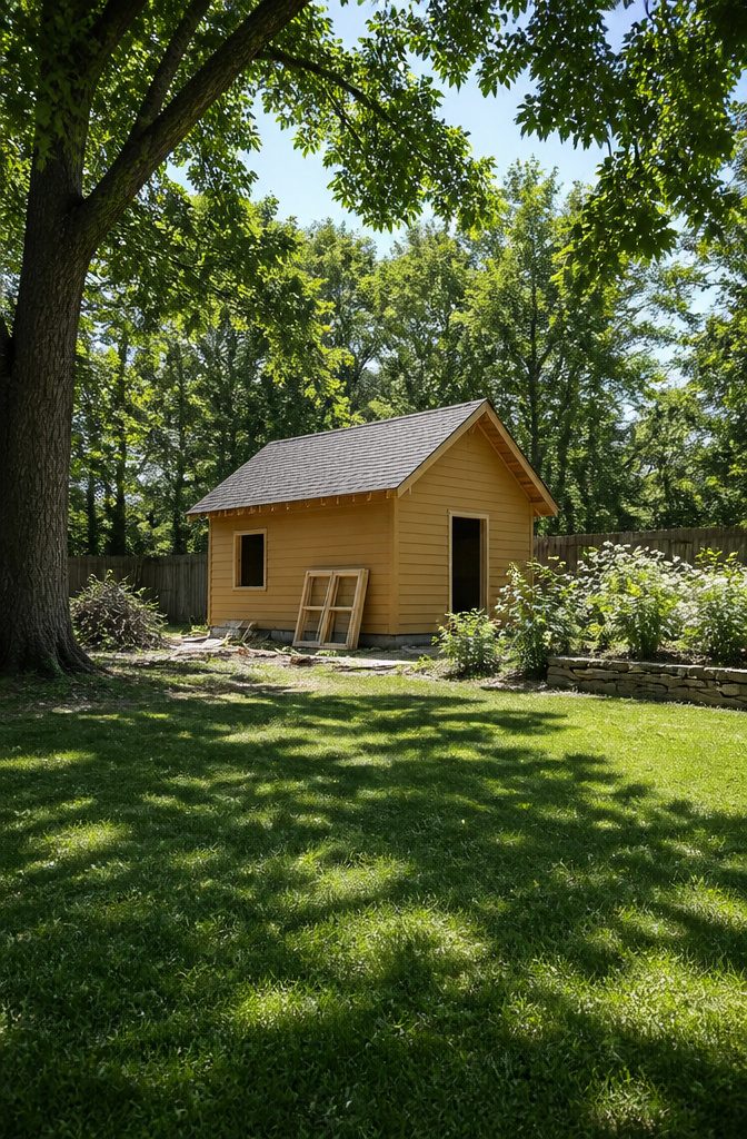 A Frame Shed Roof: Pitch, Rafters, Sheathing and Material 9 A-frame shed with various siding materials displayed.