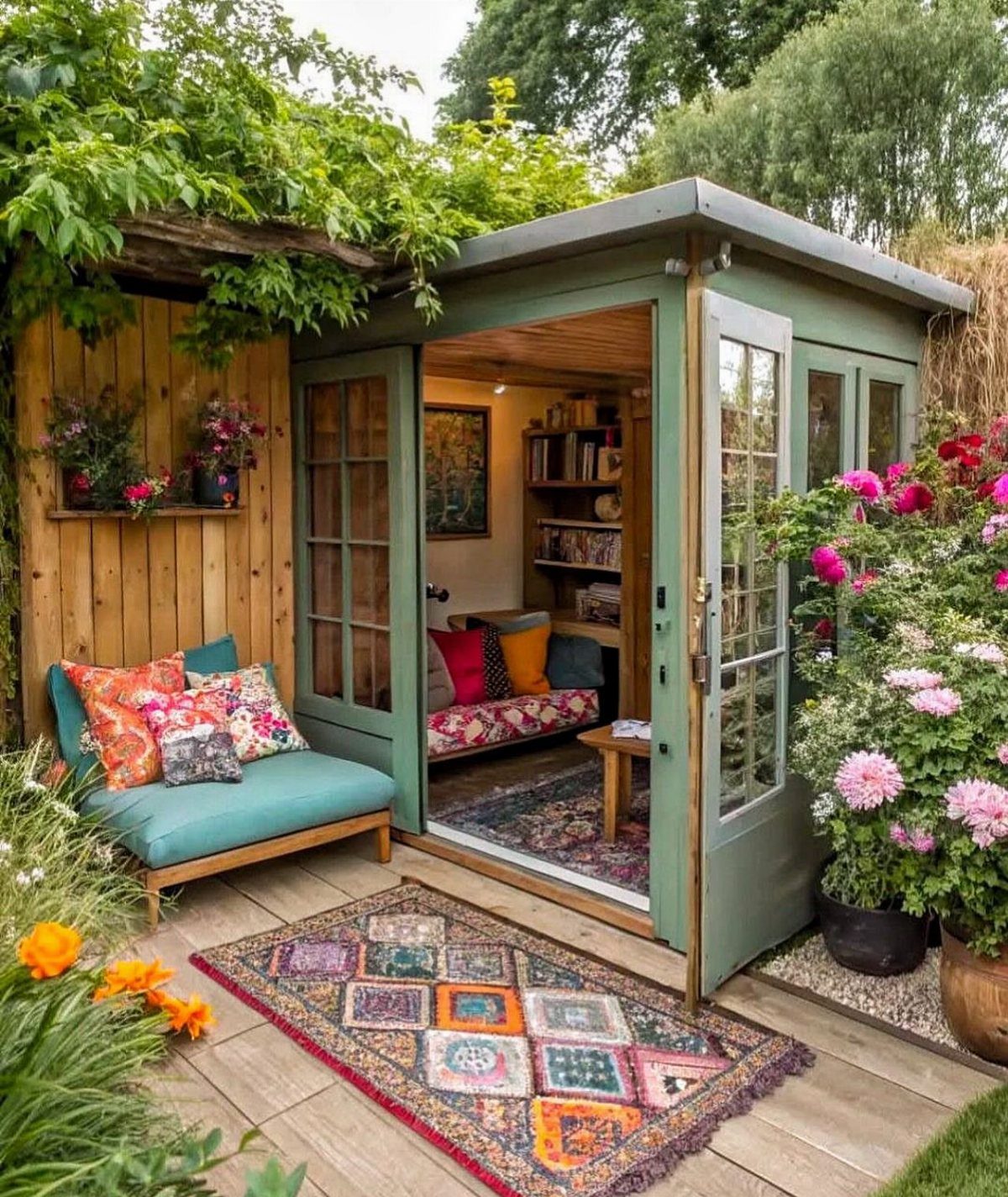 A green garden shed with an open door revealing a cozy reading nook inside with cushions and books.