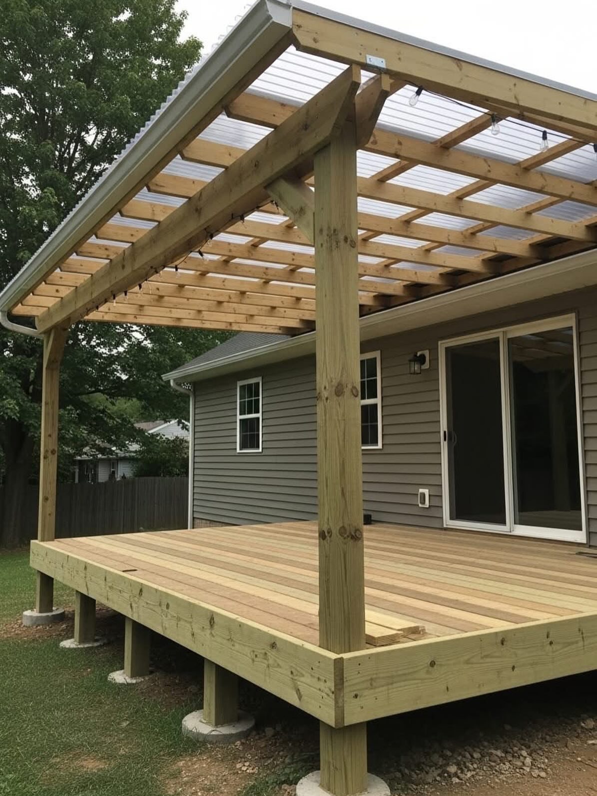 A newly built wooden deck with a large overhead pergola and translucent roof attached to a house.