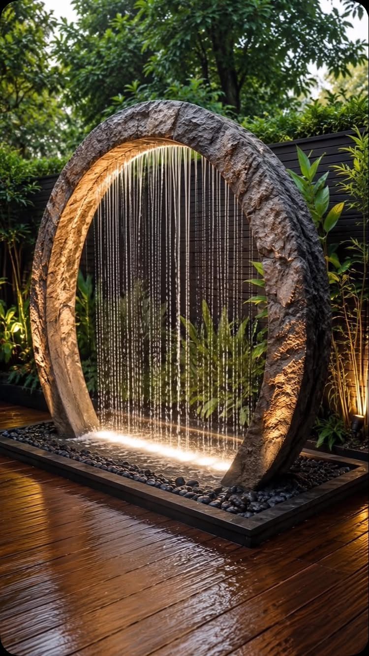 A circular stone water fountain with falling streams on a dark wooden deck.