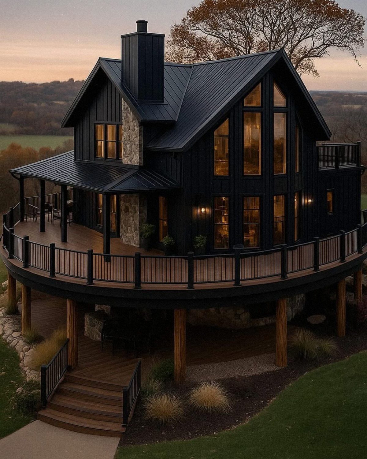 A dark A-frame house with a large, curved wooden wrap-around deck overlooking a countryside landscape.