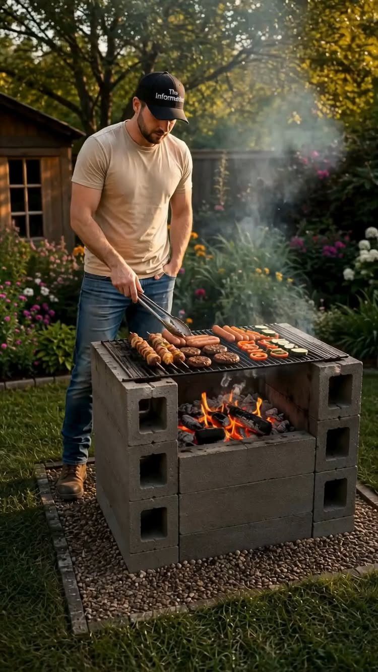 12 Backyard BBQ Ideas for Grill Area and Patio Layout 8 A man grilling sausages and burgers on a cinder block barbecue in a backyard garden.