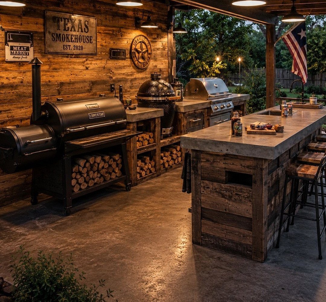 12 Backyard BBQ Ideas for Grill Area and Patio Layout 12 Black offset smoker and various grills in a rustic wooden outdoor kitchen area.