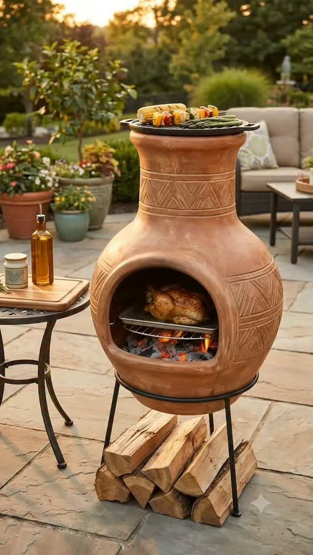 12 Backyard BBQ Ideas for Grill Area and Patio Layout 9 Terracotta clay outdoor oven cooking chicken over embers with vegetables grilling on top.