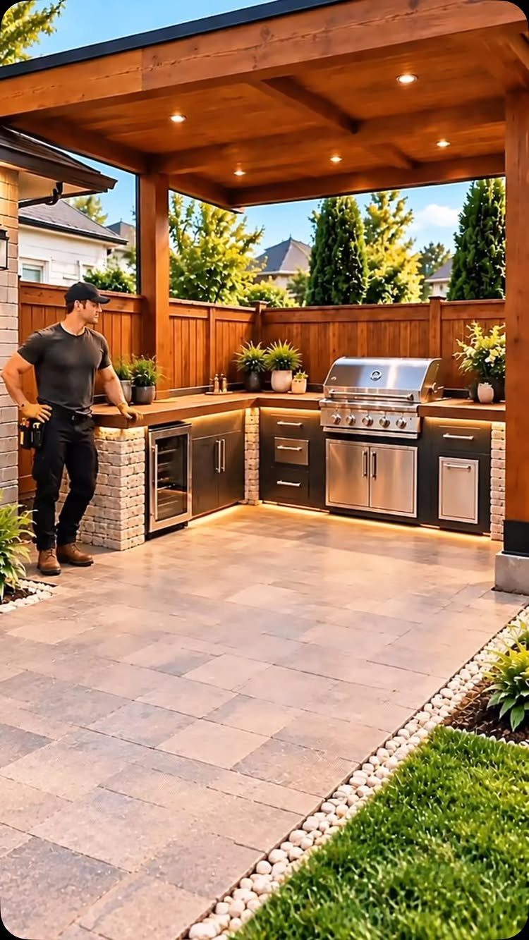 12 Backyard BBQ Ideas for Grill Area and Patio Layout 2 A man standing beside a modern outdoor kitchen with a built-in stainless steel grill.