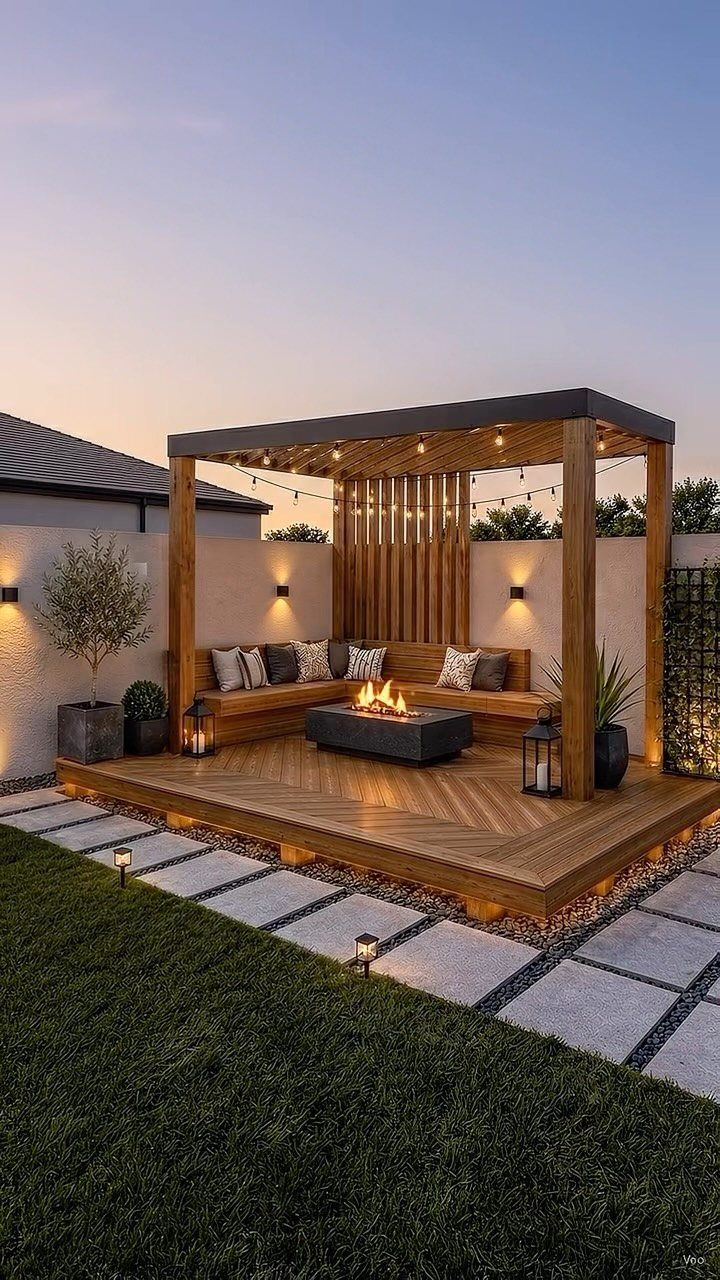12 Backyard BBQ Ideas for Grill Area and Patio Layout 3 Wooden elevated deck with built-in corner seating, a central fire pit, and a wooden pergola structure.