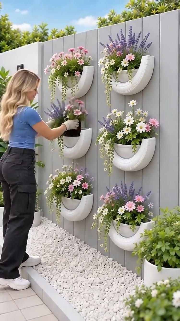 12 Backyard BBQ Ideas for Grill Area and Patio Layout 10 A woman tending to colorful flowers in white curved vertical planters mounted on a grey wall.