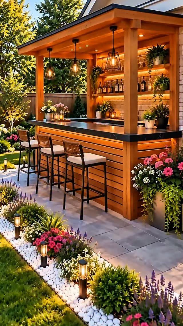 Wooden outdoor bar with illuminated liquor shelves and four bar stools on a stone patio.