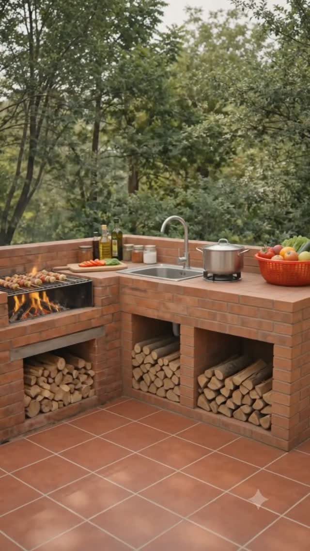 A brick outdoor kitchen with a built-in grill, sink, and firewood storage under the counter.