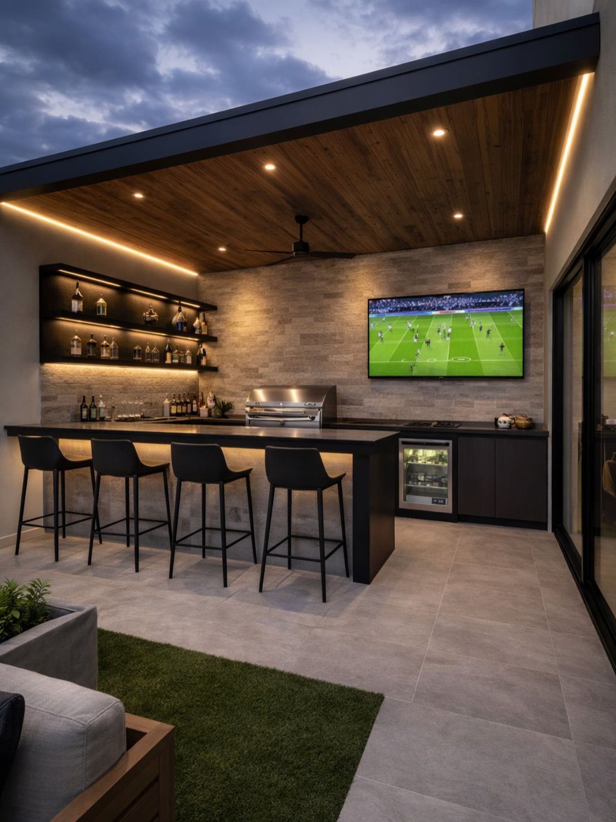 Modern outdoor kitchen with black countertops, bar stools, built-in grill, and a television under a wooden ceiling.
