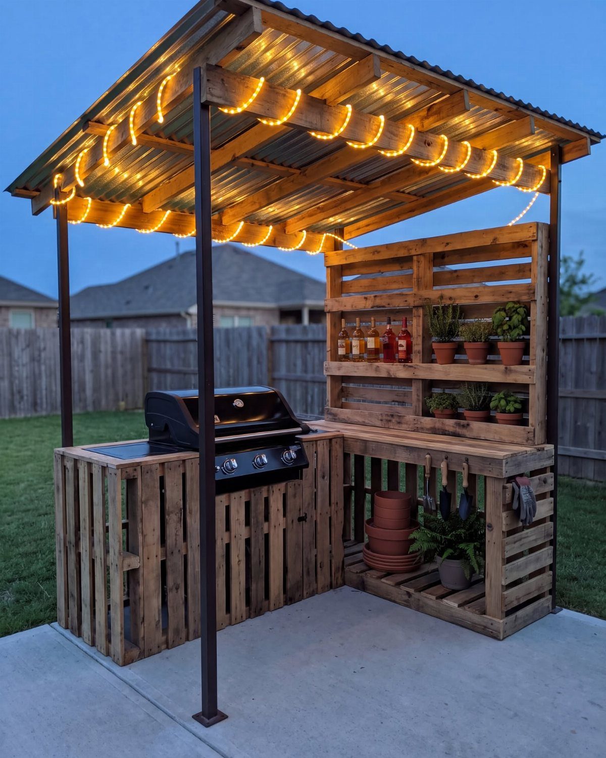 A wooden pallet outdoor kitchen with a grill and string lights under a metal roof.