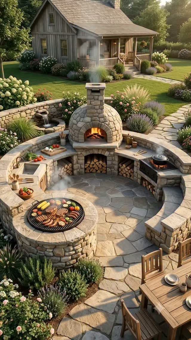 Stone outdoor kitchen with a built-in pizza oven, circular grill, and sink on a stone patio.