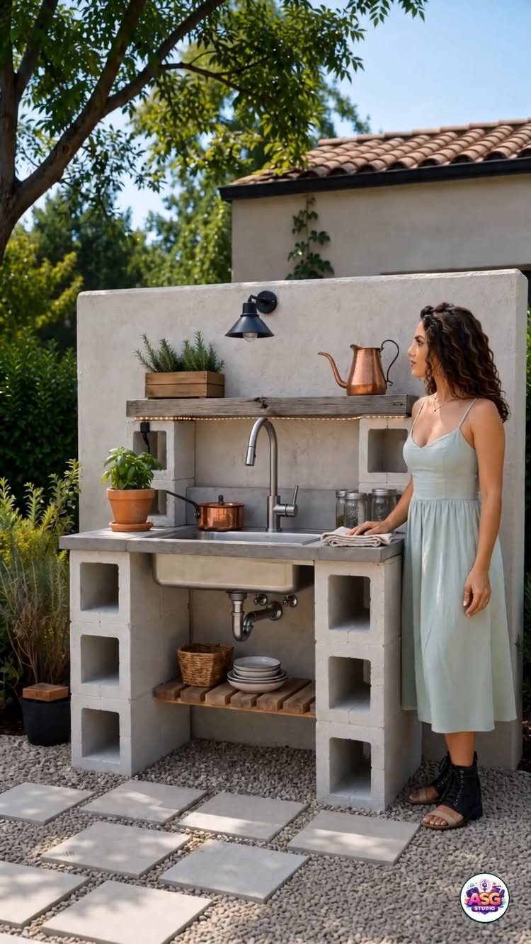 A woman stands beside a concrete outdoor sink station built from cinder blocks in a garden.