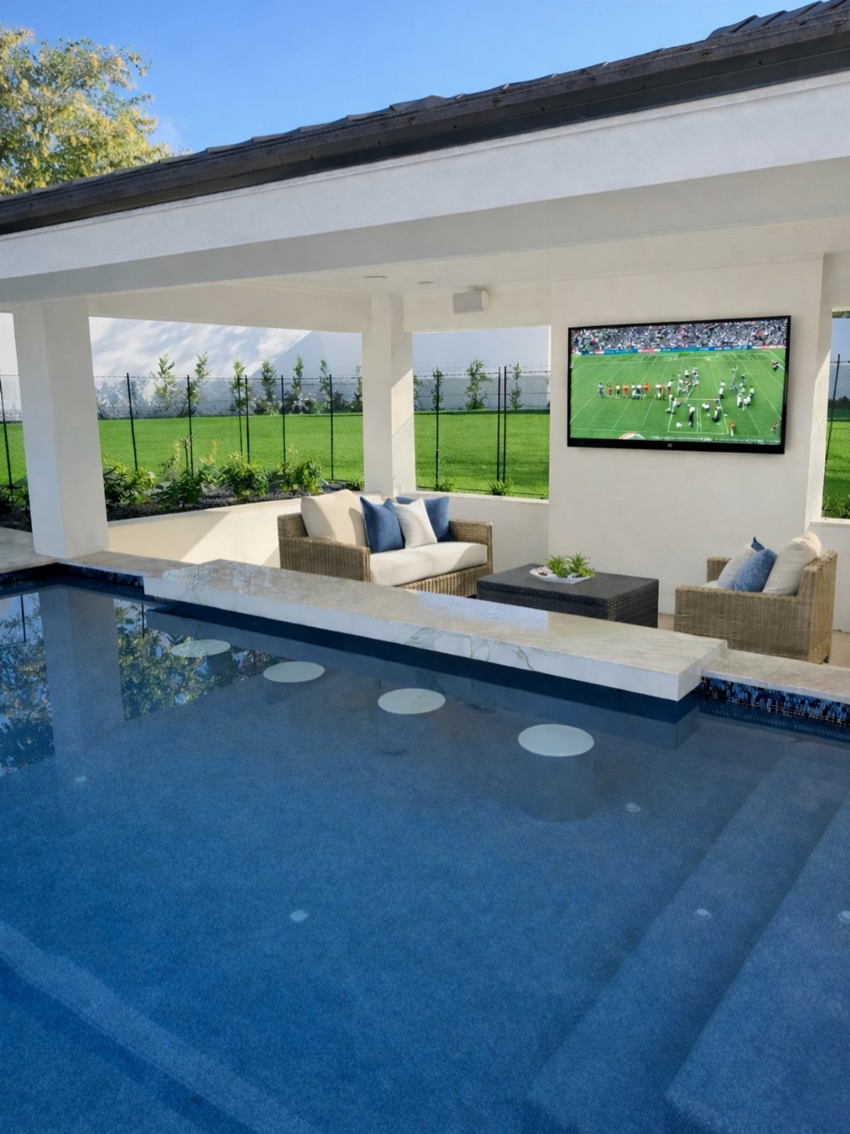 Backyard Pool Bar Ideas: 10 Upgrades for Summer Entertaining 10 A modern swimming pool with a stone bar ledge and a patio featuring lounge seating and a TV.