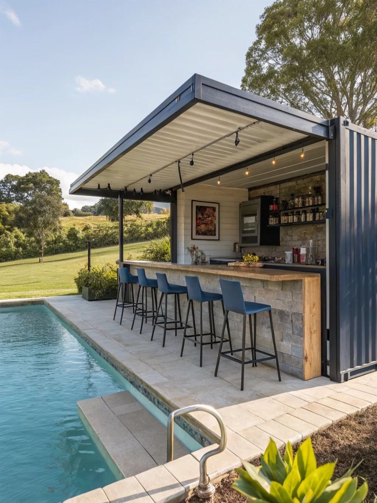 Backyard Pool Bar Ideas: 10 Upgrades for Summer Entertaining 1 A modern shipping container bar with blue stools situated next to a swimming pool.
