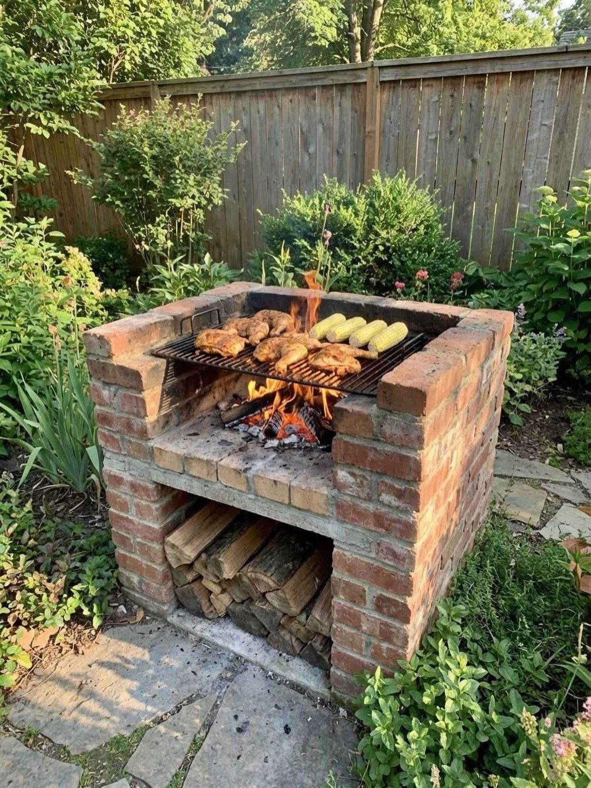 10 Brick BBQ Ideas: From Classic Pits to Pizza-Oven Combos 10 Meat and corn grilling on a metal grate over an open fire in a brick barbecue.