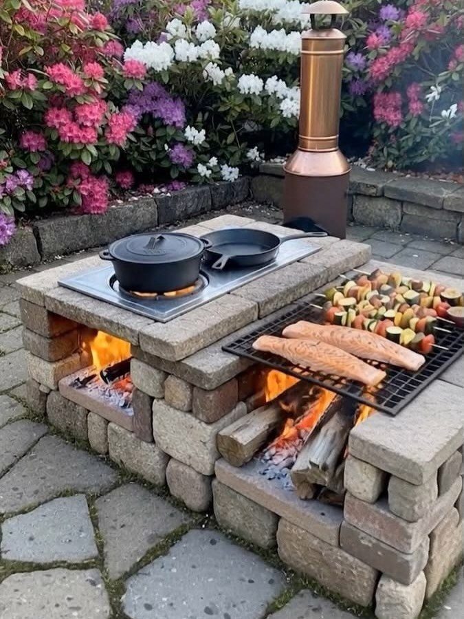 10 Brick BBQ Ideas: From Classic Pits to Pizza-Oven Combos 8 A brick outdoor cooking station with a stovetop and a grill over an open wood fire.