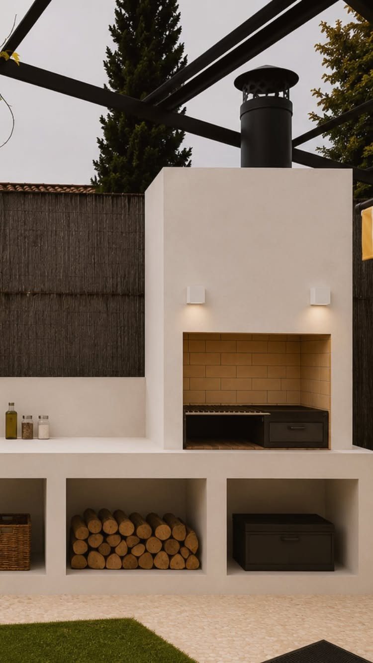 10 Brick BBQ Ideas: From Classic Pits to Pizza-Oven Combos 4 Minimalist white built-in outdoor fireplace with a black chimney and firewood storage underneath.