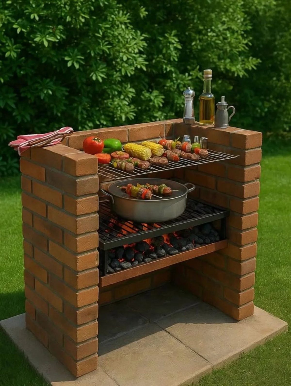 10 Brick BBQ Ideas: From Classic Pits to Pizza-Oven Combos 1 A multi-level brick barbecue with two cooking tiers featuring vegetables and a pot over coals.