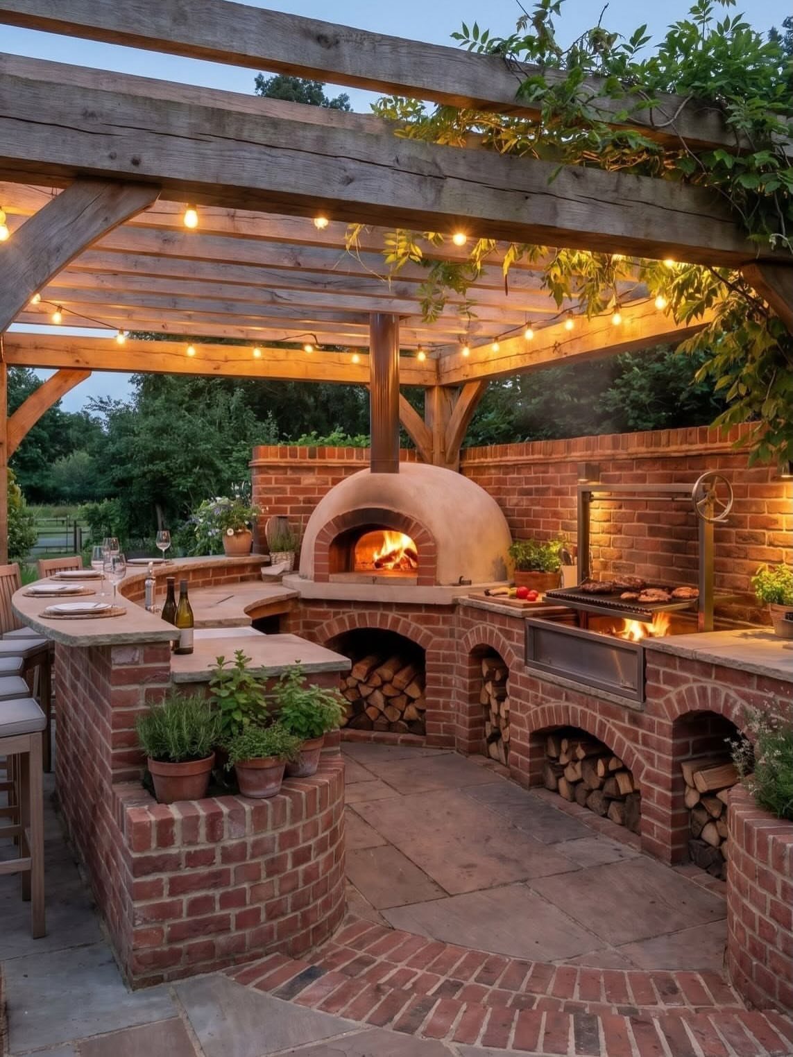 10 Brick BBQ Ideas: From Classic Pits to Pizza-Oven Combos 2 Brick outdoor kitchen featuring a wood-fired pizza oven and a built-in grill under a pergola.