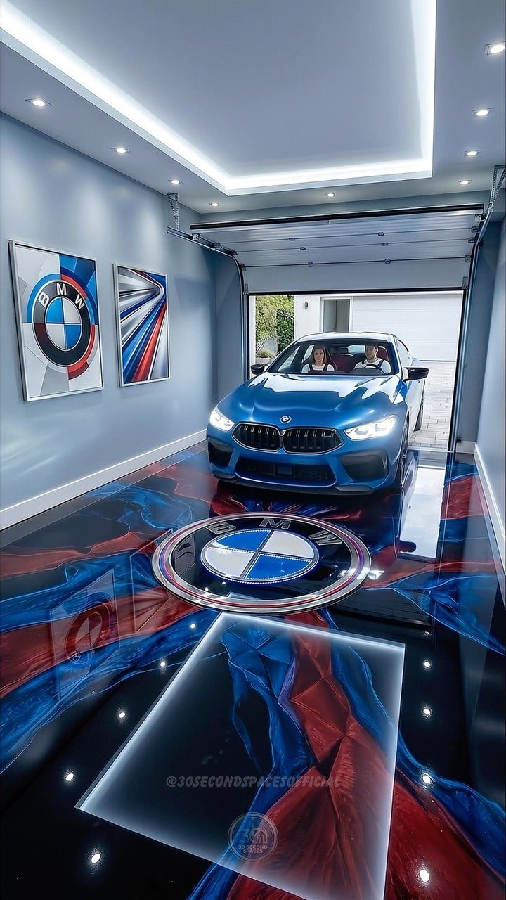 A blue BMW parked in a garage with a decorative blue and red epoxy floor.