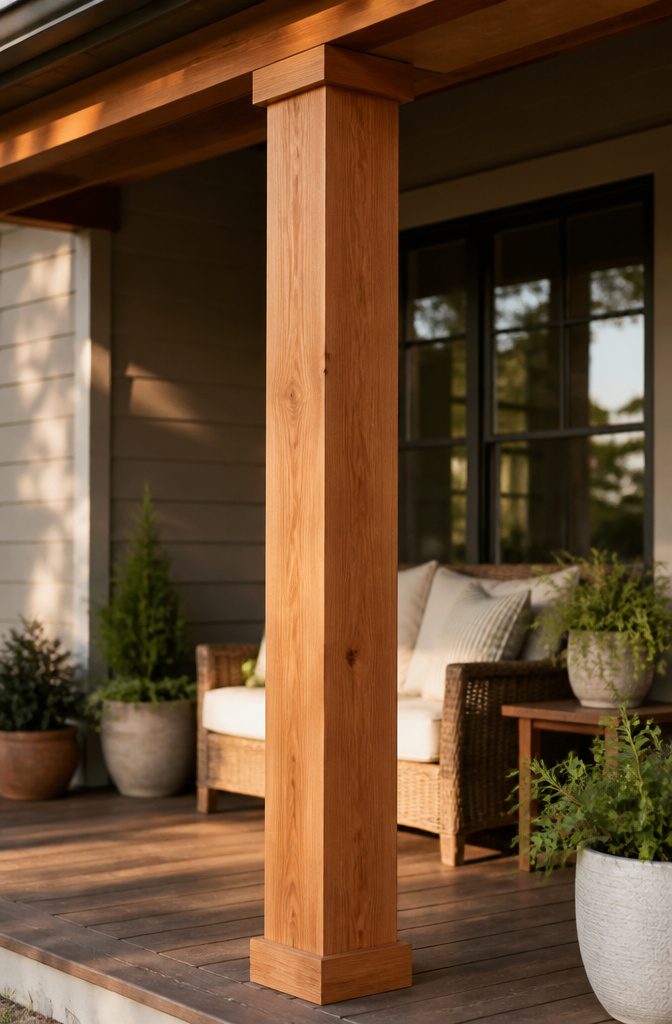 Cedar Wrapped Porch Posts: Styles, Sizes, and Wood Alternatives 1 A 4" x 4" cedar wrapped porch post standing 96 inches tall.