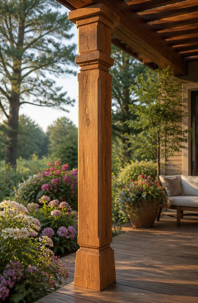 Cedar Wrapped Porch Posts: Styles, Sizes, and Wood Alternatives 2 A sturdy 6" x 6" cedar wrapped porch post.
