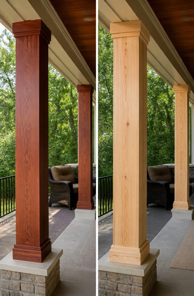 Cedar Wrapped Porch Posts: Styles, Sizes, and Wood Alternatives 5 Sapele and African Mahogany posts displayed as alternatives to cedar.