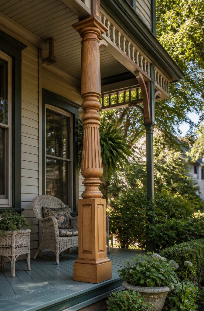 Cedar Wrapped Porch Posts: Styles, Sizes, and Wood Alternatives 4 A detailed Victorian cedar porch post with ornate designs.