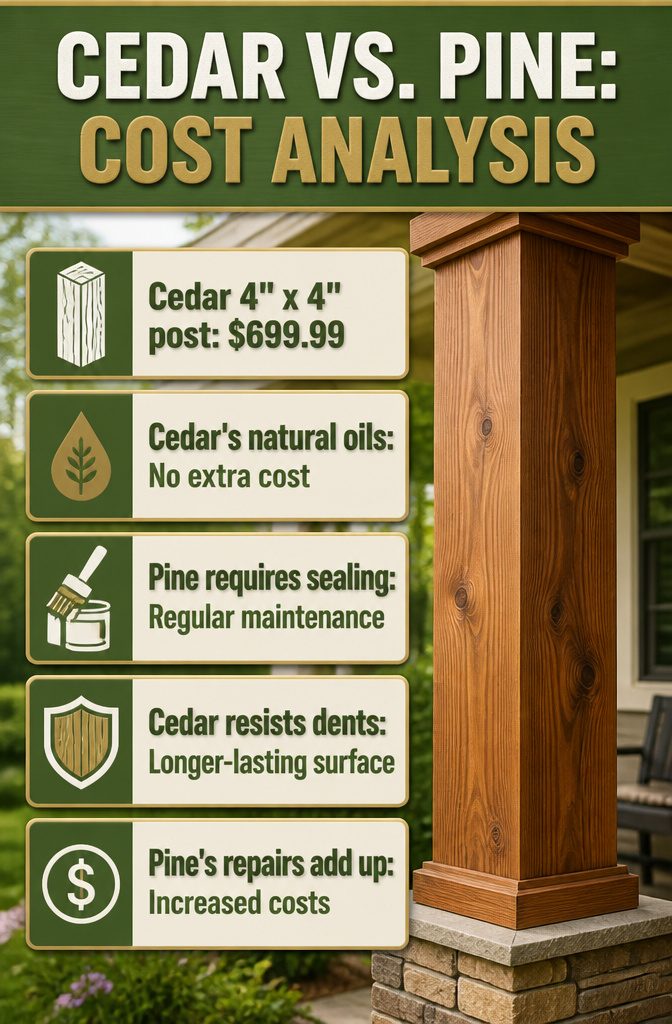 Cedar Wrapped Porch Posts: Styles, Sizes, and Wood Alternatives 9 A cost analysis image comparing cedar and pine posts.