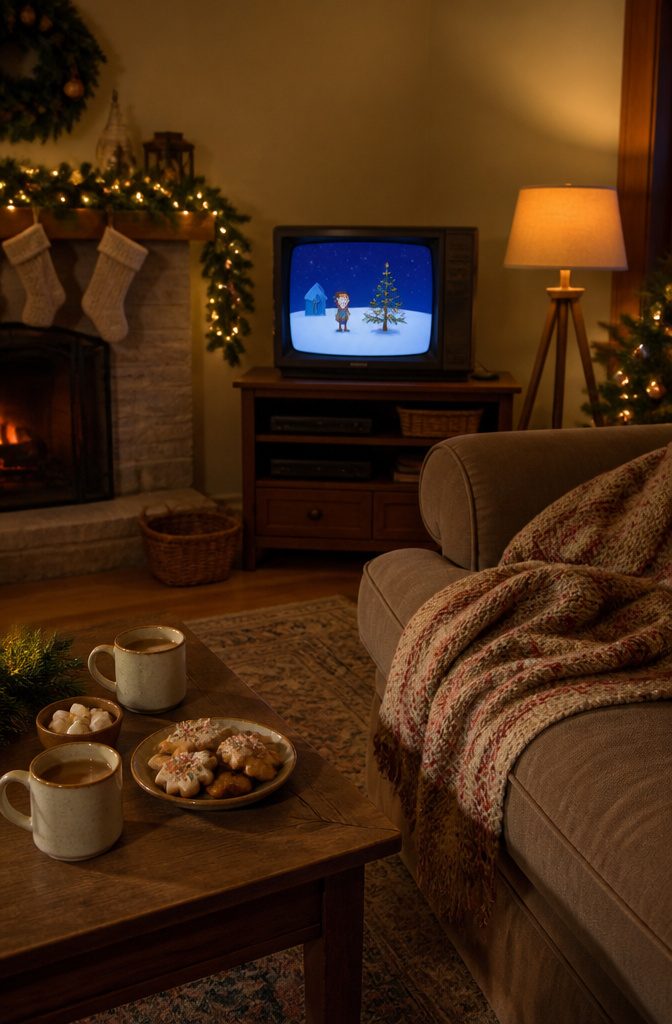 A Charlie Brown Christmas: Story, Music, and Lasting Legacy 6 A nostalgic family room scene with A Charlie Brown Christmas on TV.