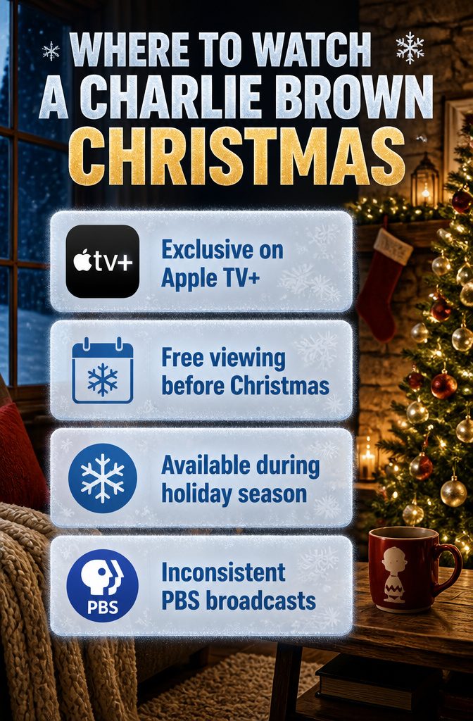 A Charlie Brown Christmas: Story, Music, and Lasting Legacy 8 Information graphic about where to watch A Charlie Brown Christmas.