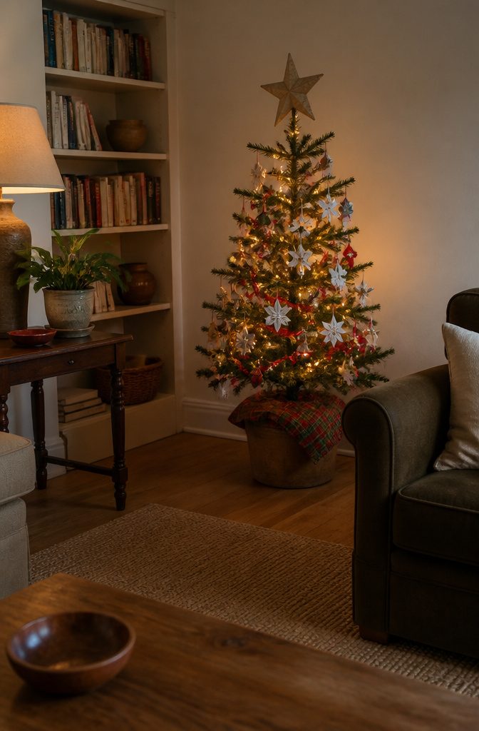A Charlie Brown Christmas: Story, Music, and Lasting Legacy 7 A cozy living room with a handmade Christmas tree and warm lighting.