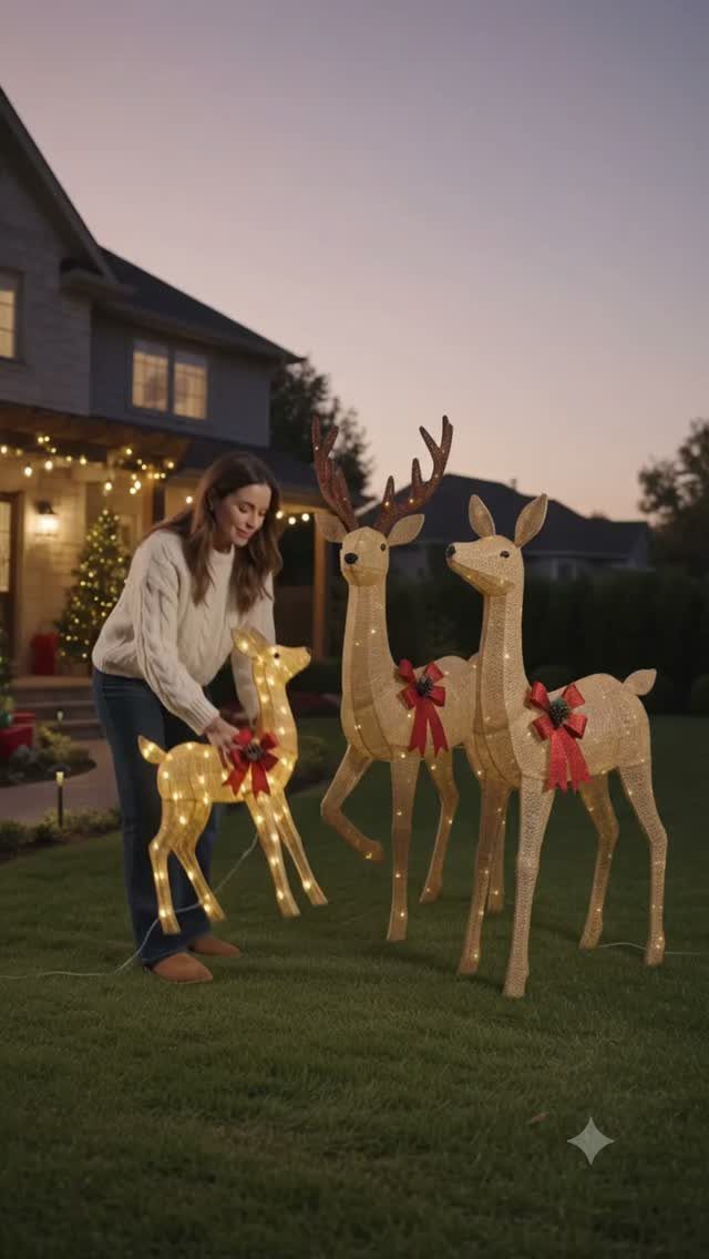 A woman arranging glowing reindeer lawn decorations on a grassy yard at dusk.