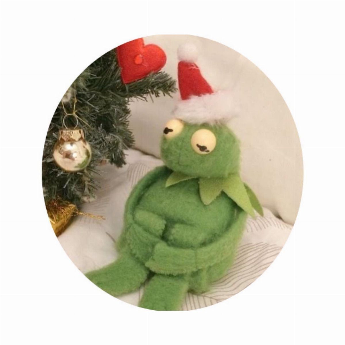 A green plush frog wearing a Santa hat sitting next to a Christmas tree branch.