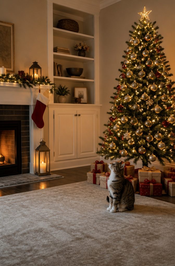A cat in front of a decorated Christmas tree with ornaments.