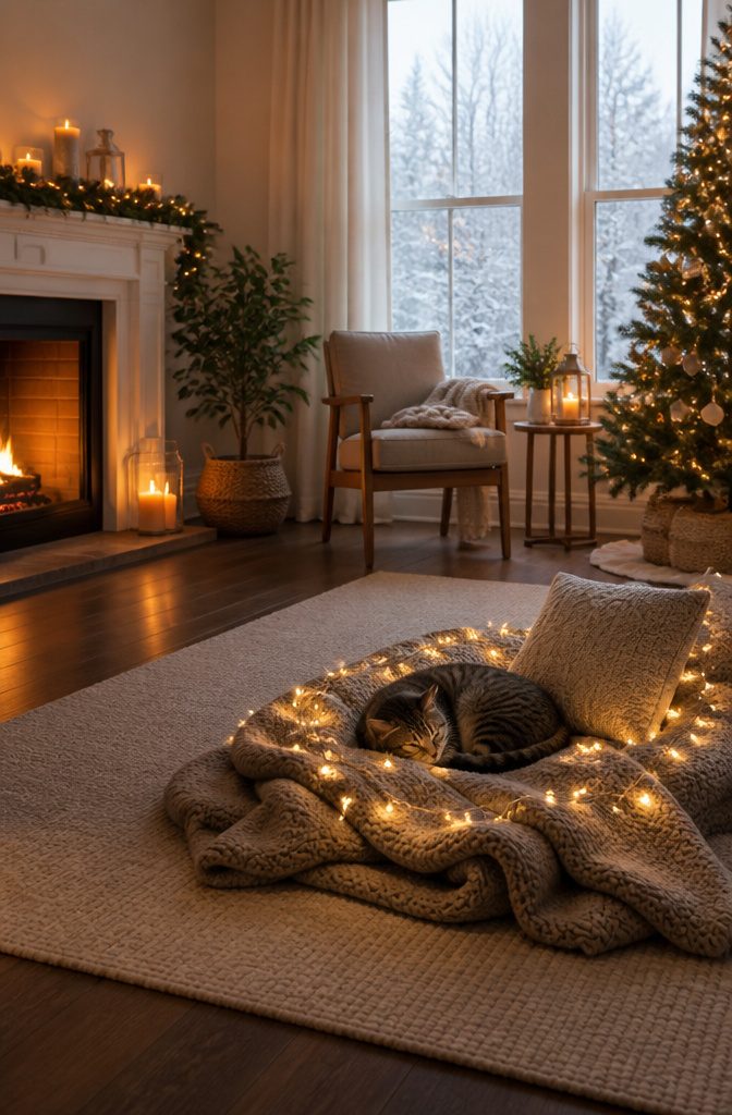 A cat nestled in a cozy scene with blankets and soft lighting.