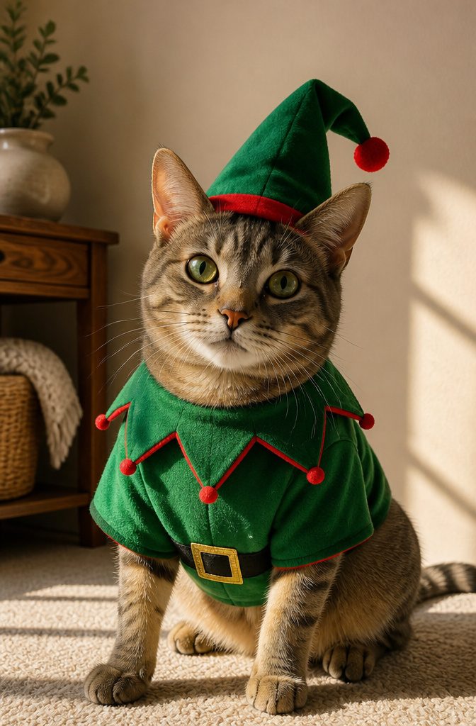 A cat dressed in an elf costume with a green tunic and pointed hat.