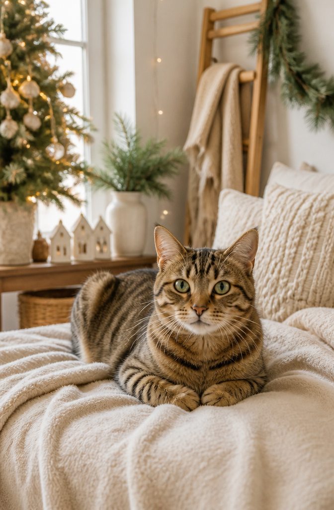 A cat on a neutral blanket with natural light for optimal photography.