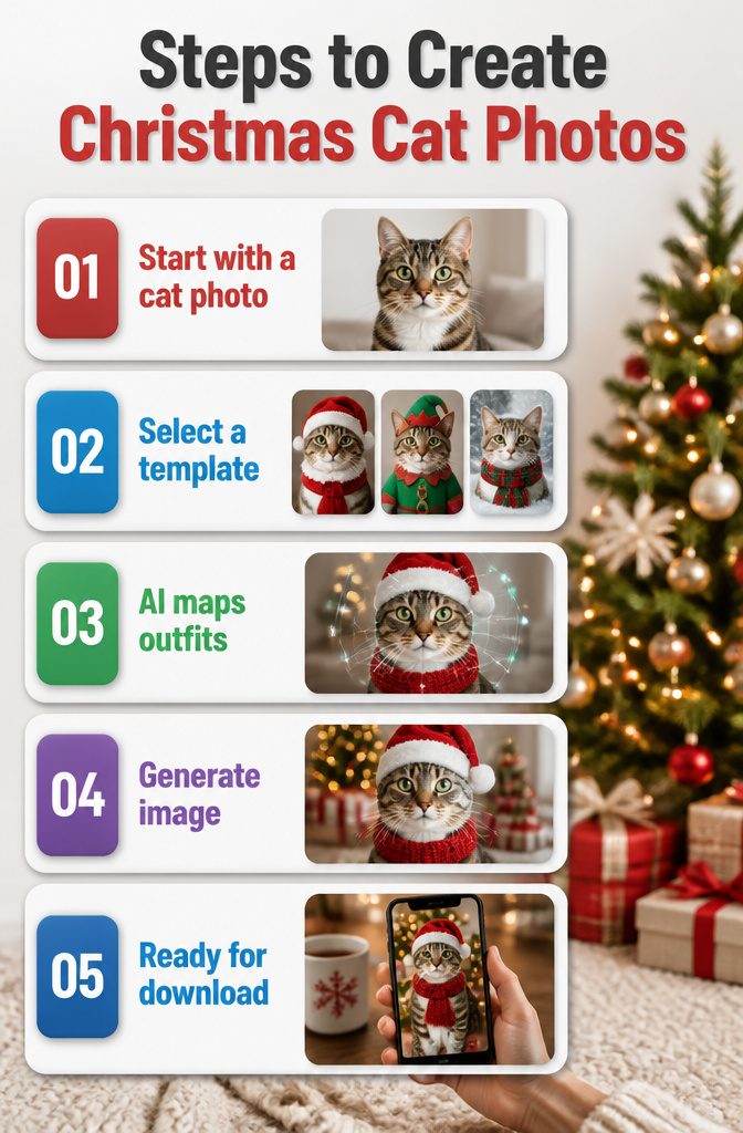 An infographic explaining the steps to create Christmas cat photos.
