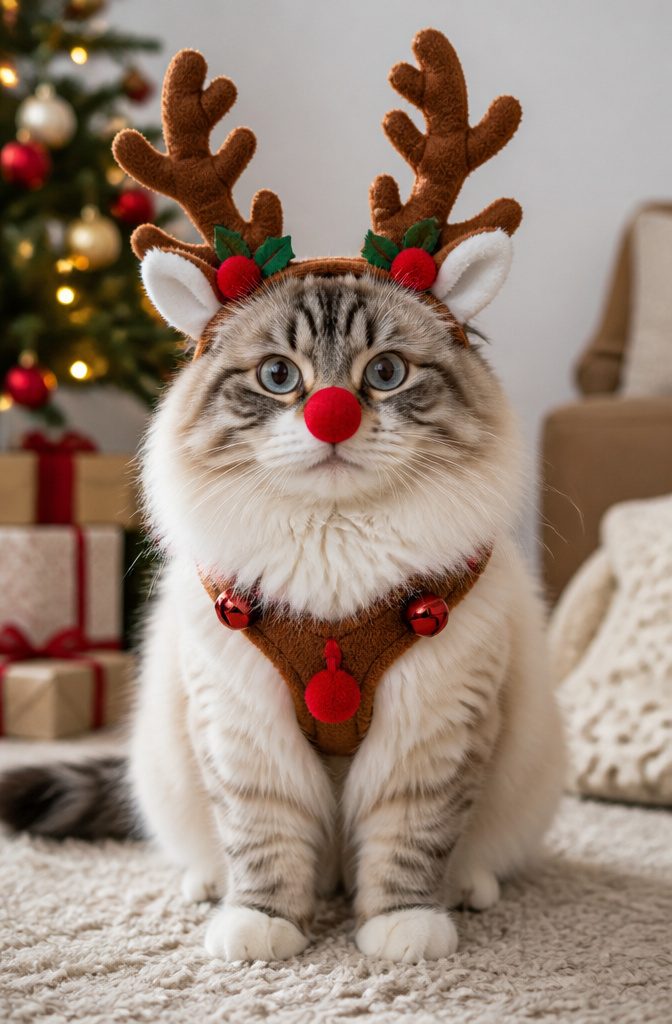A cat with reindeer antlers and a red nose digitally added.