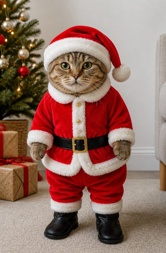 A cat wearing a Santa outfit with red suit and black boots.